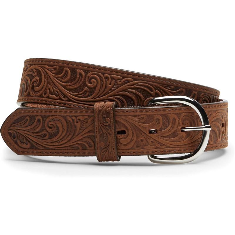 Justin | Men's Western Scroll Tooled Belt Brown - Click Image to Close