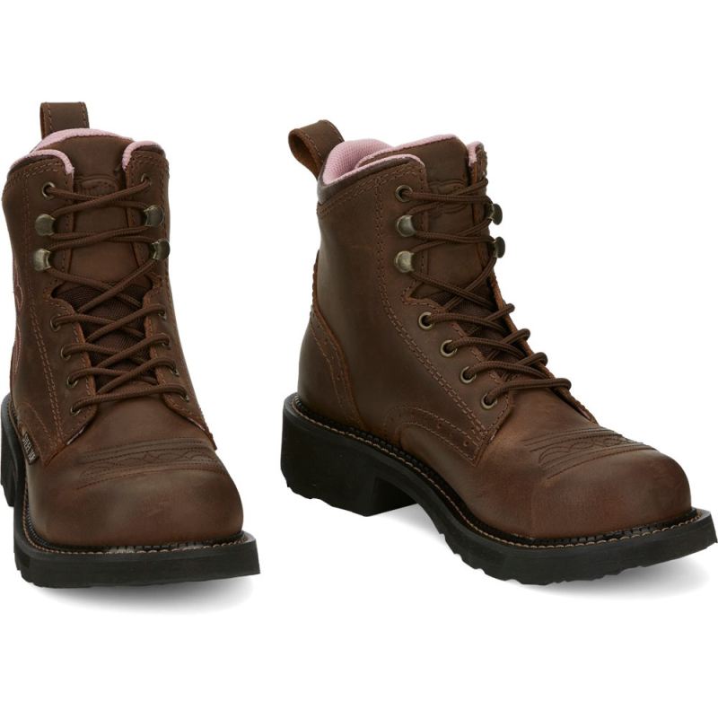 Justin | Women's 6; Katerina Lace Up Steel Toe Brown - Click Image to Close