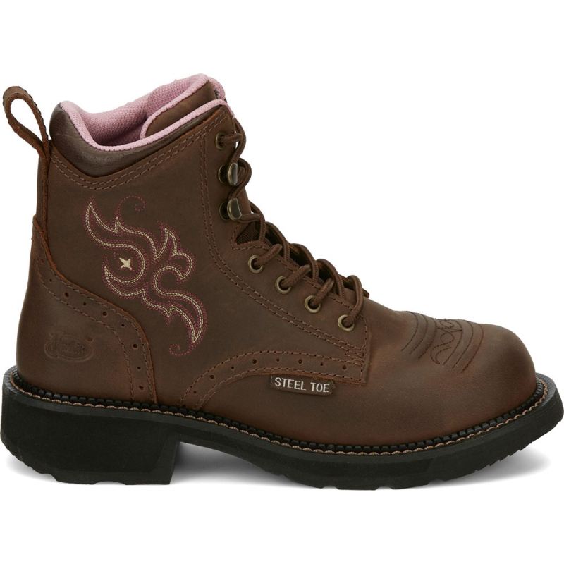 Justin | Women's 6; Katerina Lace Up Steel Toe Brown